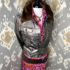 Ralph Lauren Black Label Denim Shearling Trimmed Metallic Coated Trucker Jacket